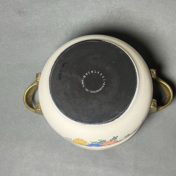 Vintage Kamenstein Dutch Oven W/Lid Enamel & Brass Cookware Floral 2 Quart Pot - Picture 9 of 11